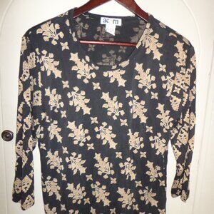 Acorn Blouse Top M 100% Silk 3/4 Sleeves Black Multi